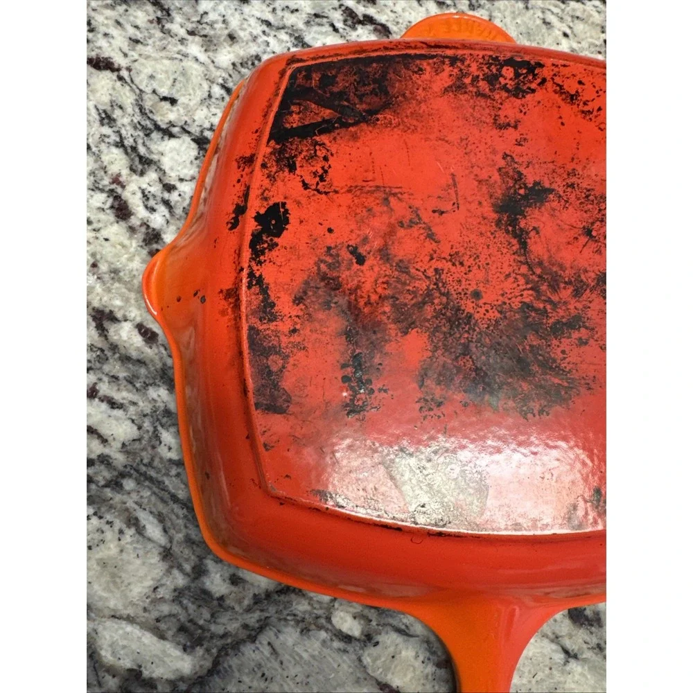 Le Creuset #26 Red Enameled Cast Iron Square Grill Pan Skillet Griddle Orange